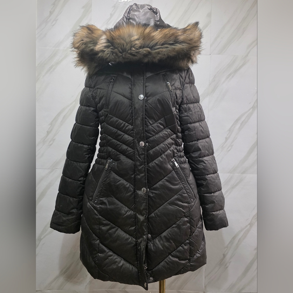 Laundry Womens Faux Fur Trim Hooded Puffer Jacket